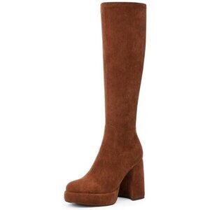 Women's brownsuede Platform Knee High Boots Chunky Heel Rounded Toe Zipper